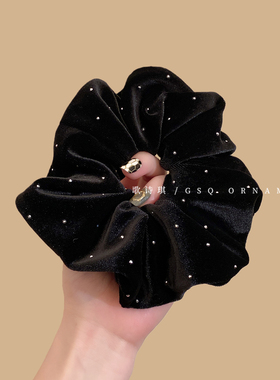黑色丝绒满天星闪钻褶皱发圈女不勒头发复古时尚肥肠圈丸子头发绳