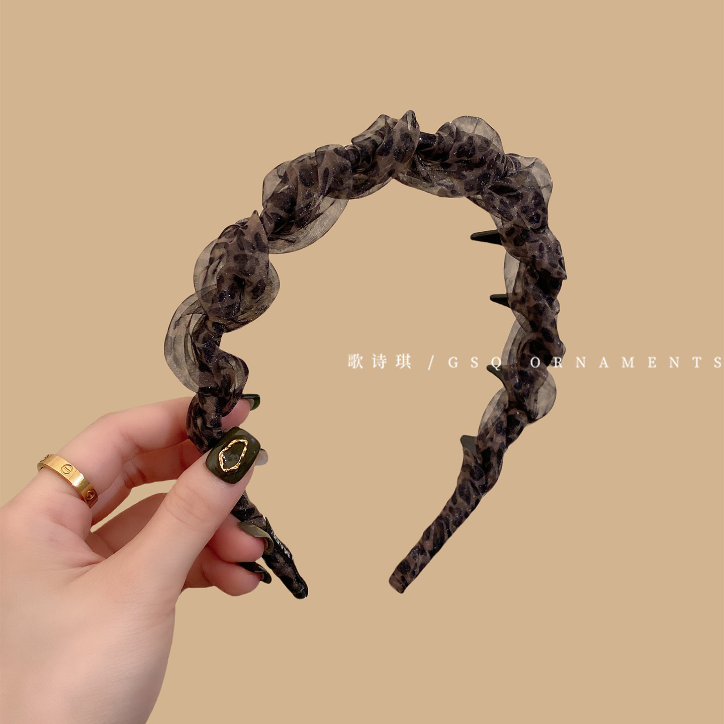 复古豹纹网纱褶皱倒梳发箍女洋气高颅顶显脸小头箍洗脸压发发卡