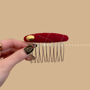 新年款格纹毛呢红色插梳高级感公主头发梳碎发整理神器发夹头饰