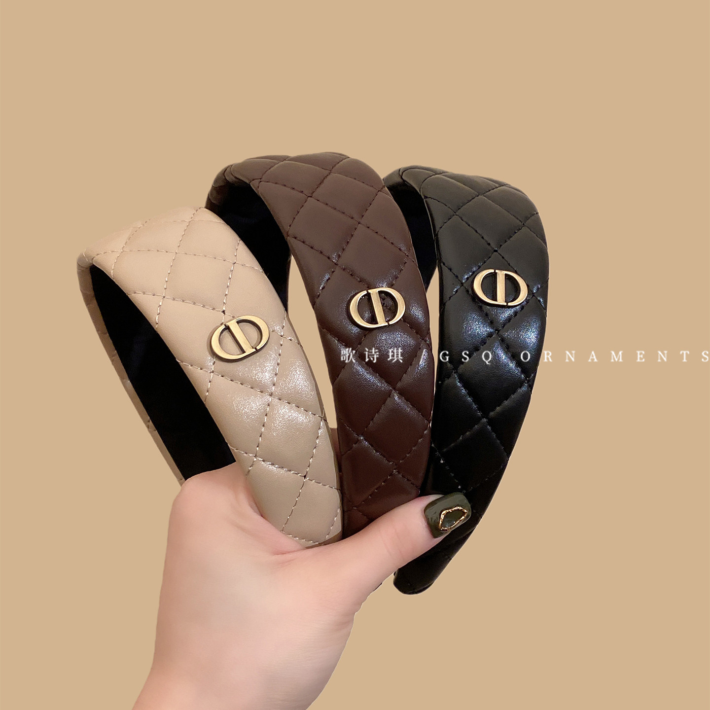 韩系简约小香风皮质菱格纹发箍女