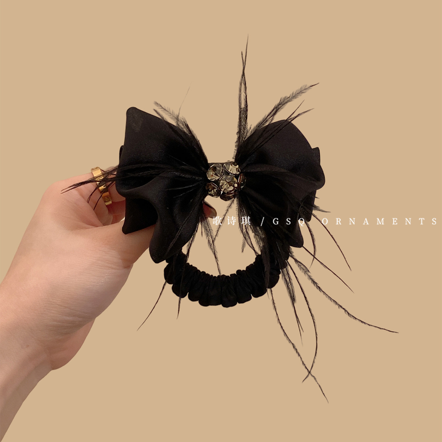 氛围感复古羽毛蝴蝶结发圈女高级感轻奢扎马尾头绳丸子头发绳皮筋