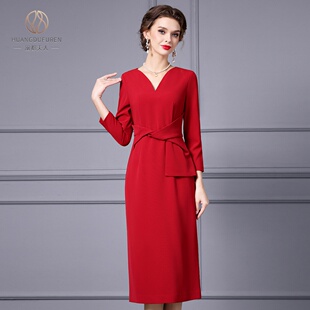 温柔风简单大方包臀礼服裙 新款 凰都夫人红色中长款 连衣裙2025秋季