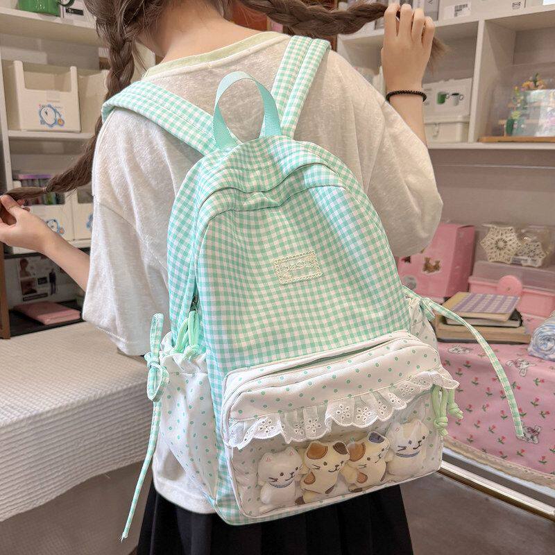 韩系清新格纹波点双肩包少女心花边小书包初高中大学生通勤包