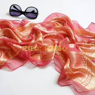 金线真丝长丝巾纯桑蚕丝加大宽围巾披肩春秋冬季织金红色