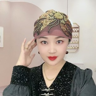 新款凤尾花盘花帽妈妈时尚头巾束发帽洋气百搭遮白发蕾丝包头帽女