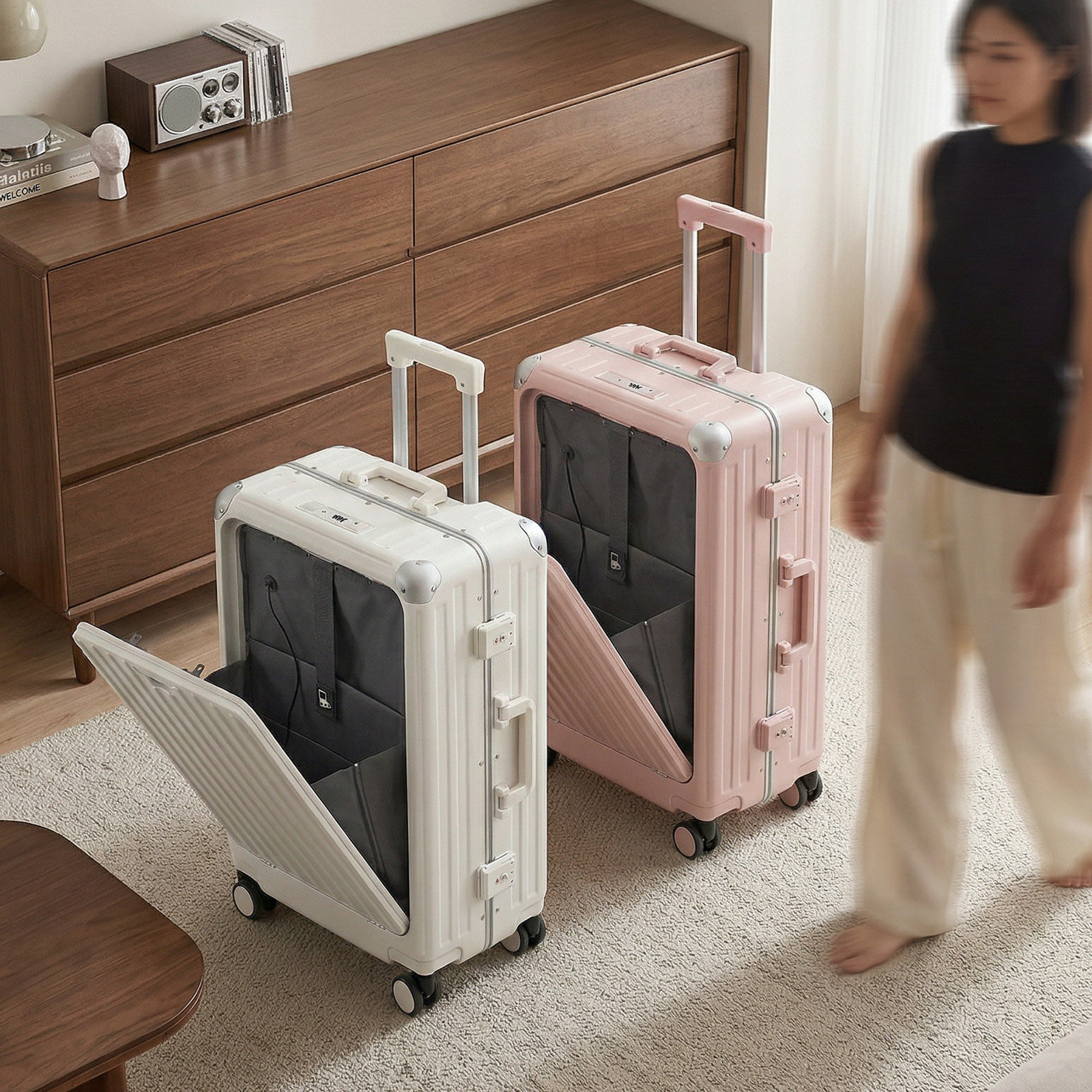 御旅前开盖行李箱女多功能铝框拉杆箱万向轮20 24 26寸旅行箱男潮