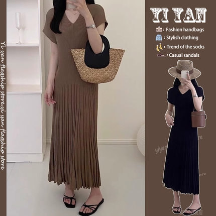 RIERA法式v领短袖连衣裙女夏季新款小个子薄款气质显瘦针织长裙子