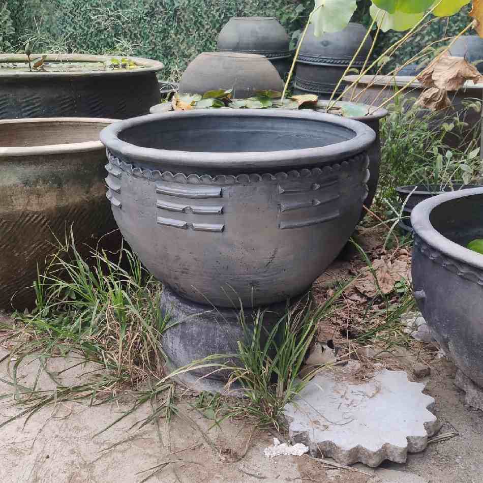 包邮实木木架土陶无釉大水缸特泥缸养金鱼庭院睡莲装饰荷花盆瓦缸