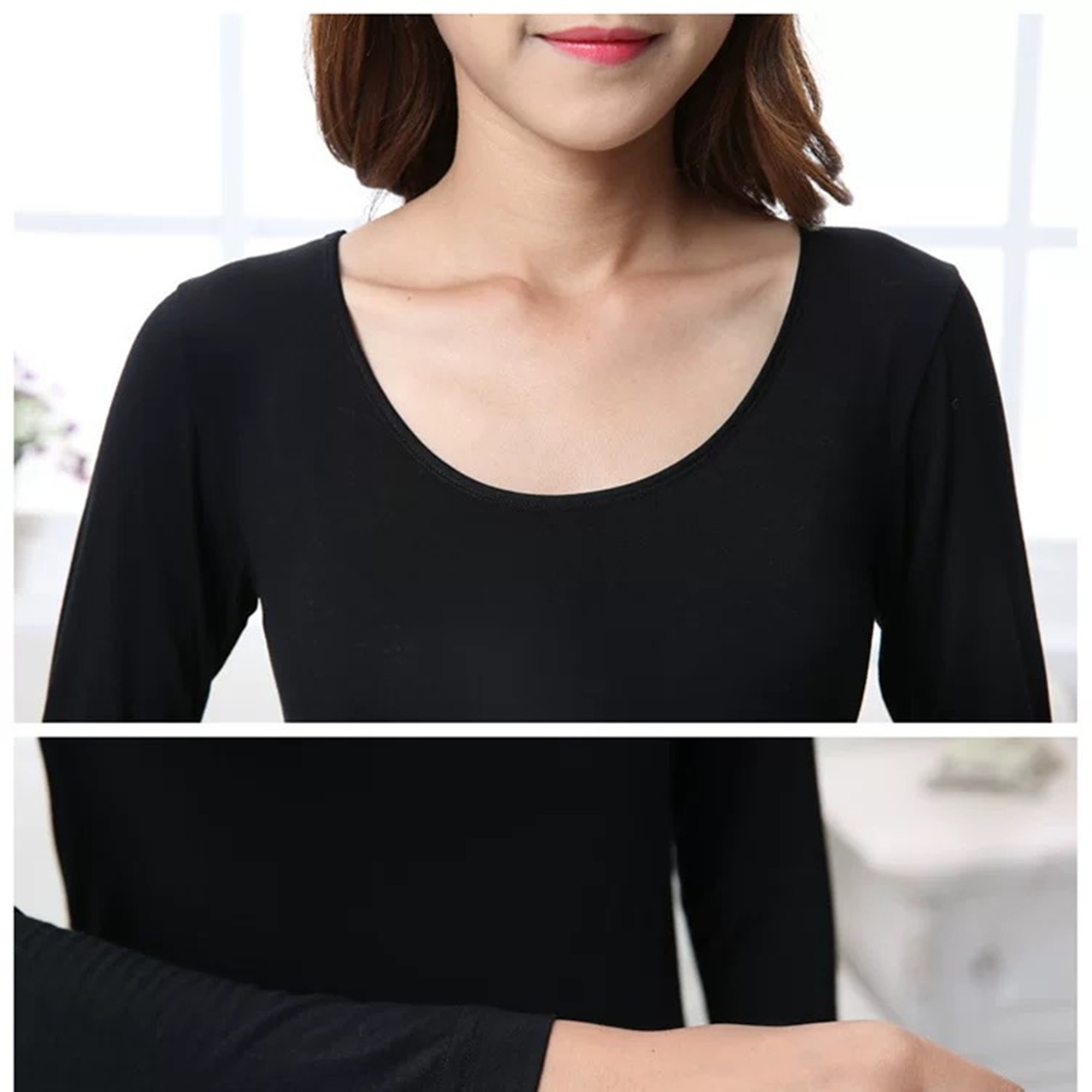 GEKAI WOMENS CLOSE-FITTING ULTRA-THIN BASE SHIRT BAMBOO FIBER SCOOP NECK VERSATILE GIRL SOLID COLOR LONG SLEEVE SINGLE AUTUMN COAT 3183