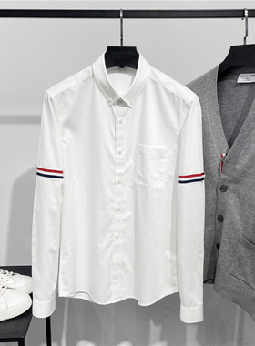 DH高端原创秋季新款长袖免烫衬衫男TB双袖织带修身纯棉白色衬衣