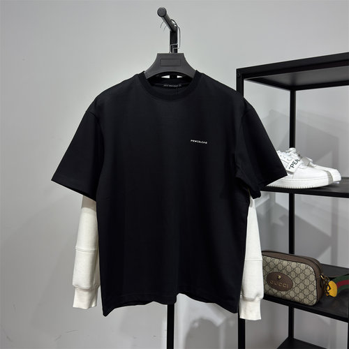 100S高支小重磅双丝光棉宽松挺阔圆领短袖T恤衫男黑色凉感印花TEE