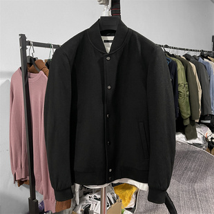 轻奢系羊绒混纺呢子夹克男士秋冬季合身加棉内胆短款纯黑色棒球服