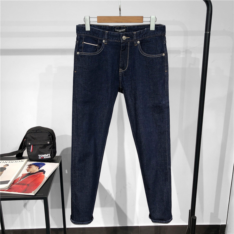修身小脚丹宁赤耳深蓝色牛仔长裤