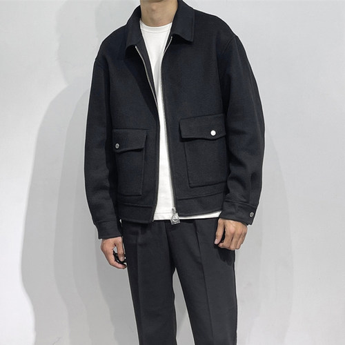 轻奢系冬季宽松版双面羊毛呢子夹克衫 短款拉链翻领绣花茄克 黑色