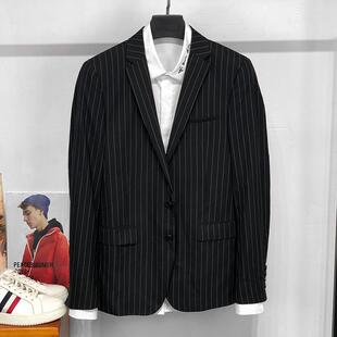 轻奢系秋季修身黑白条纹纯羊毛小西装外套男单排两扣收腰西服单西