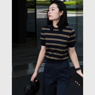 小个子夏装 藏蓝色条纹短袖 子两件套爆款 套装 搭配一整套高级感女 裤
