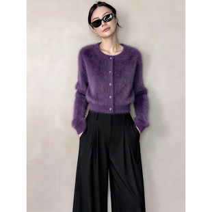 减龄套装 阔腿裤 一整套女韩系休闲小个子紫色针织开衫 超好看深冬装