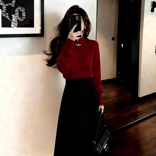 冬装搭配一整套盐系轻熟新中式富家千金小香风红色毛衣半身裙套装