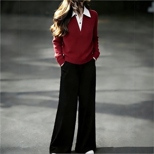 2026超火冬装一整套ootd穿搭假两件polo领红色针织衫阔腿裤套装女