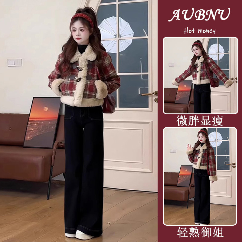 加绒加厚羊羔毛红格子短外套秋冬季新款气质小香风棉衣棉服套装女,女装/女士精品,连衣裙,淘宝优惠券,粉丝福利购,淘宝优惠卷