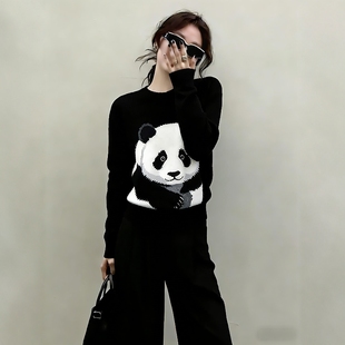 韩式搭配一整套冬装2026巨好看慵懒高级感熊猫针织毛衣阔腿裤套装