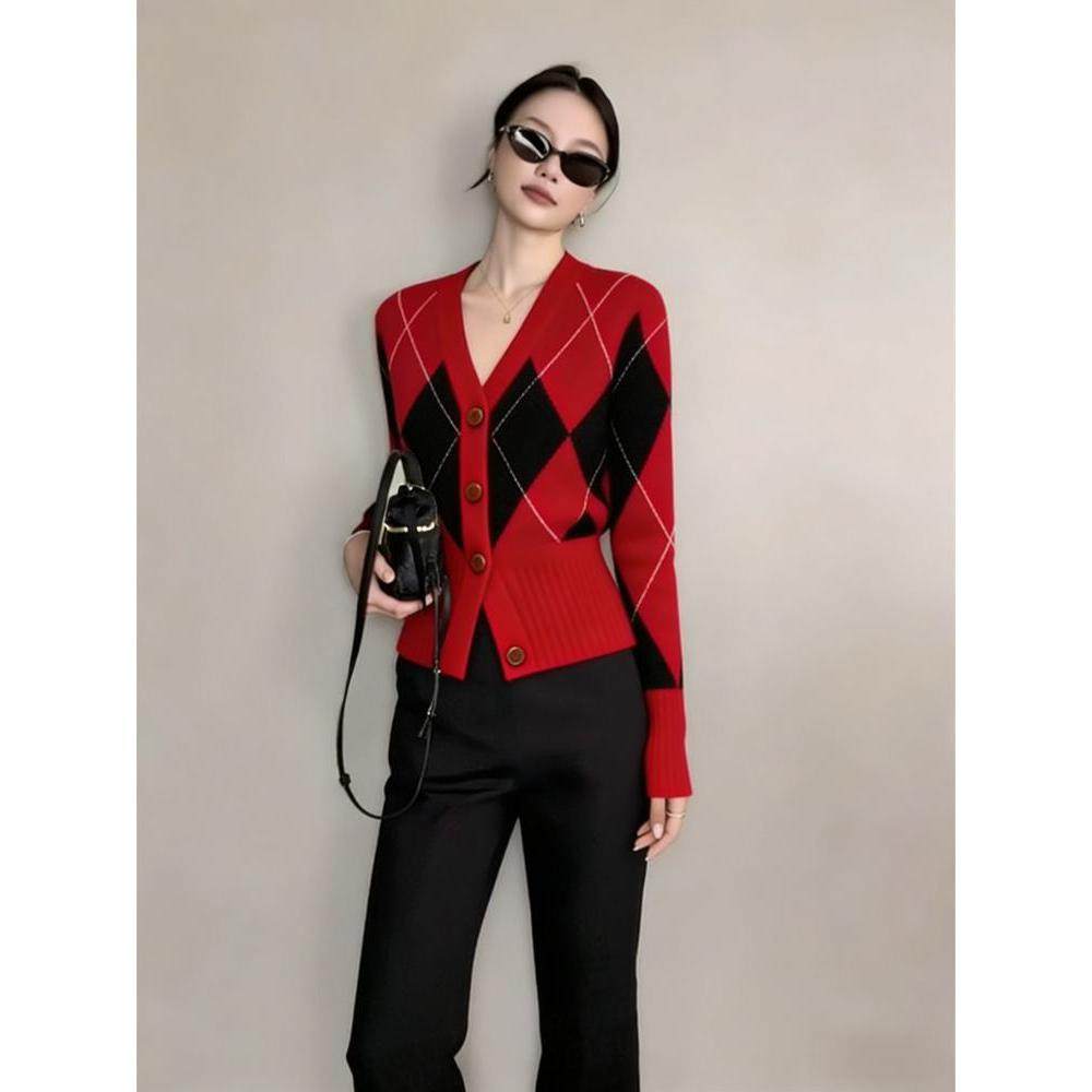 巨好看冬装套装韩系穿搭洋气小众不撞款红色菱格针织开衫套装裤女,女装/女士精品,时尚套装,淘宝优惠券,粉丝福利购,淘宝优惠卷
