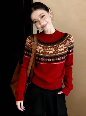 独特漂亮春装红色系穿搭一整套高级感复古费尔岛毛衣阔腿裤套装女