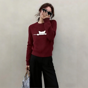 韩式搭配一整套冬装设计感新年红色猫咪圆领套头毛衣阔腿裤套装女