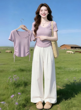 初夏绝美套装2026新款紫色V领镂空立体花朵抽绳掐腰T恤女两件套裤