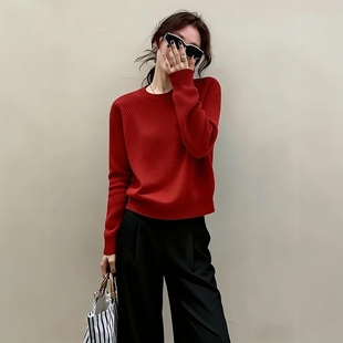 韩式搭配一整套冬装气质收腰显瘦红色圆领针织衫毛衣裤子两件套女