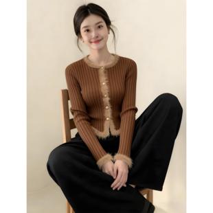 巨好看冬装套装韩系ootd穿搭套装小个子美拉德毛边针织衫两件套女