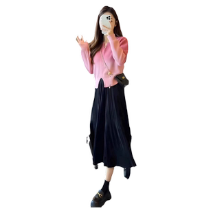 秋冬装搭配一整套时尚微胖女生茶系穿搭小香风绝美连衣裙两件套装