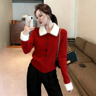 2026超火冬装一整套时尚高级感毛领拼接红色氛围感长袖上衣套装裤