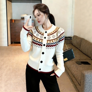 2026超火冬装一整套时尚减龄费尔岛提花毛衣针织开衫阔腿裤套装女