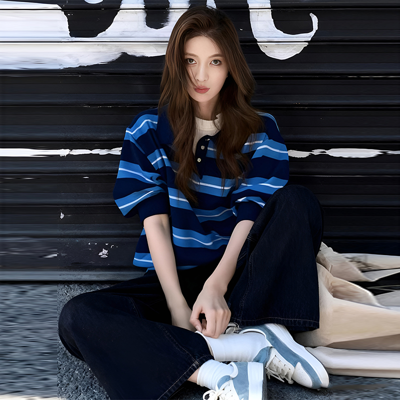 条纹polo领上衣直筒牛仔裤套装女