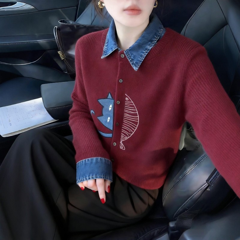 2026超火冬装一整套时尚小猫刺绣牛仔拼接polo领针织衫阔腿裤套装,女装/女士精品,时尚套装,淘宝优惠券,粉丝福利购,淘宝优惠卷