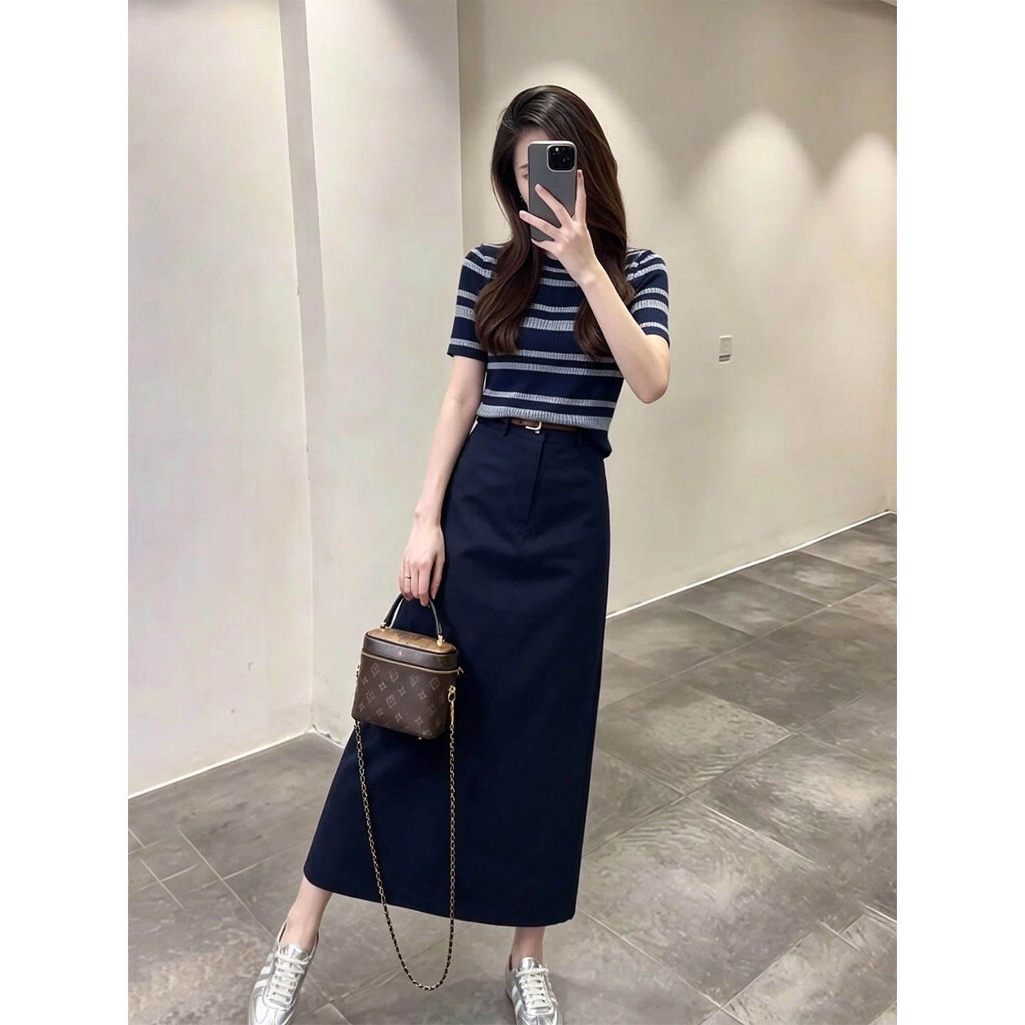 淡人高知穿搭一整套夏季新款条纹针织短袖高腰显瘦半身长裙套装女