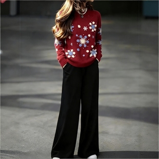 独特漂亮冬装一整套韩系ootd穿搭氛围感红色雪花针织衫阔腿裤套装