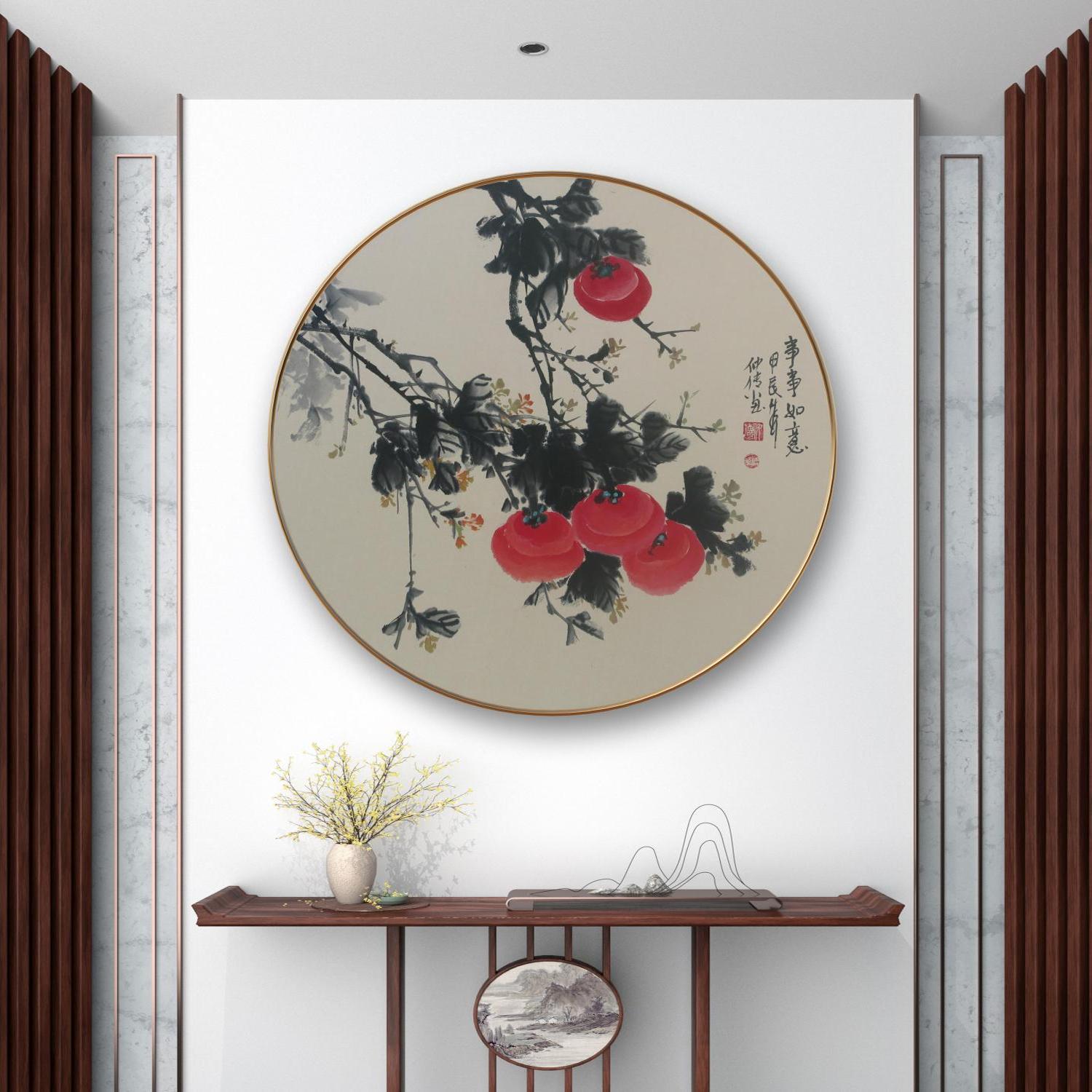 手绘圆形国画新中式装饰画入户玄关客厅画禅意茶室餐厅挂画水墨画图片