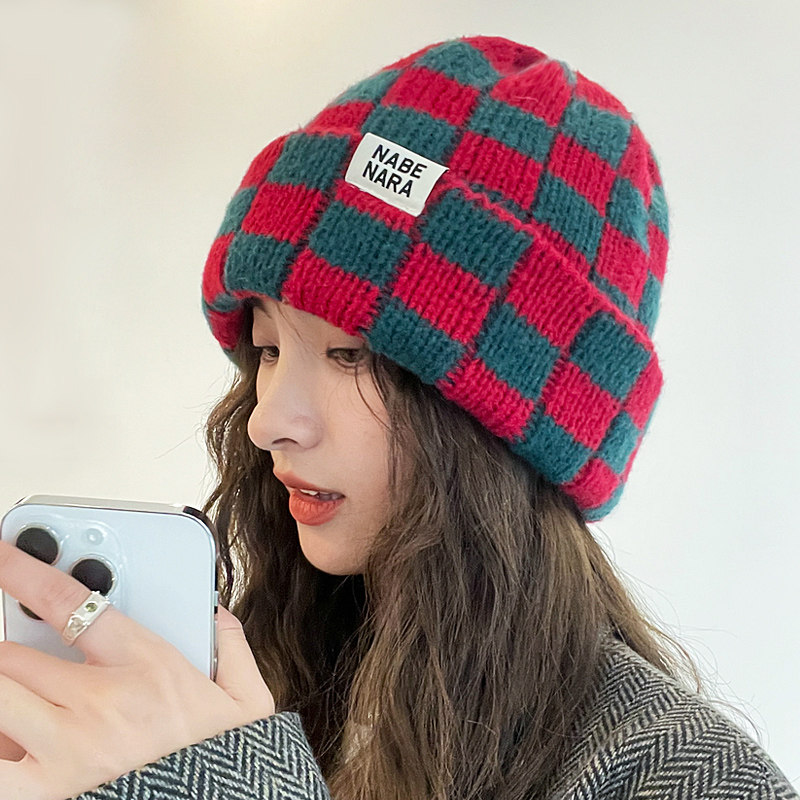 撞色格子情侣保暖护耳毛线帽