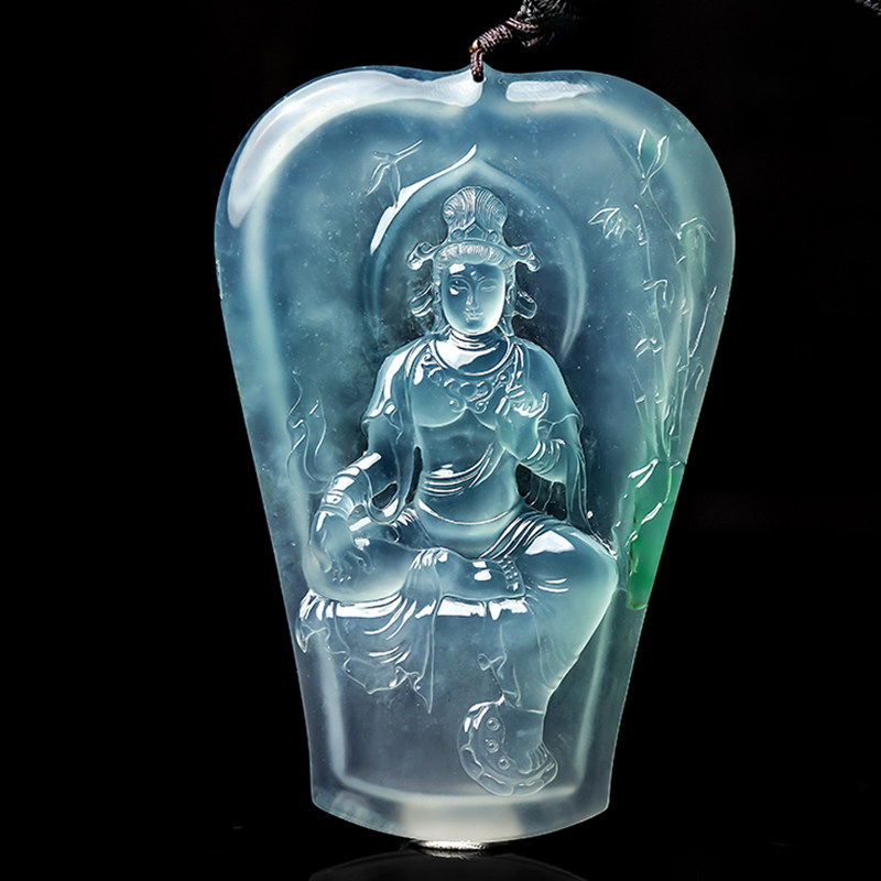 羊子珠宝   境梵  老坑高冰种起莹飘绿花翡翠竹林观音挂件11.2