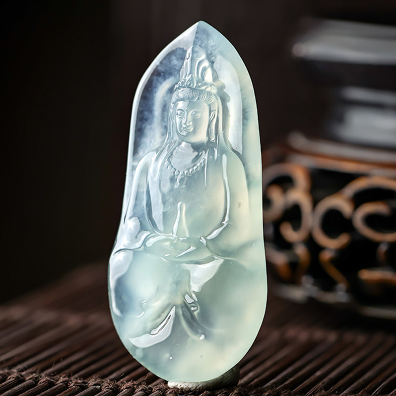 羊子珠宝 明心  老坑高冰种带色底正庄翡翠净瓶观音挂件10.21