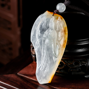 羊子珠宝 慧光普照 老坑冰种飘黄翡站立八臂观音吊坠2.4