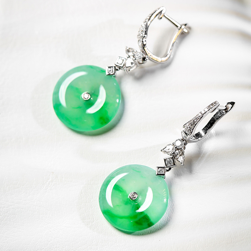 羊子珠宝 朝清香尘 老坑高冰种金丝绿18K金镶翡翠平安扣耳坠11.18