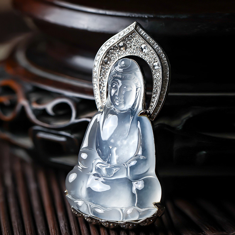 羊子珠宝 素衣观音 老坑高冰种起莹18K金镶嵌观音翡翠挂件11.1