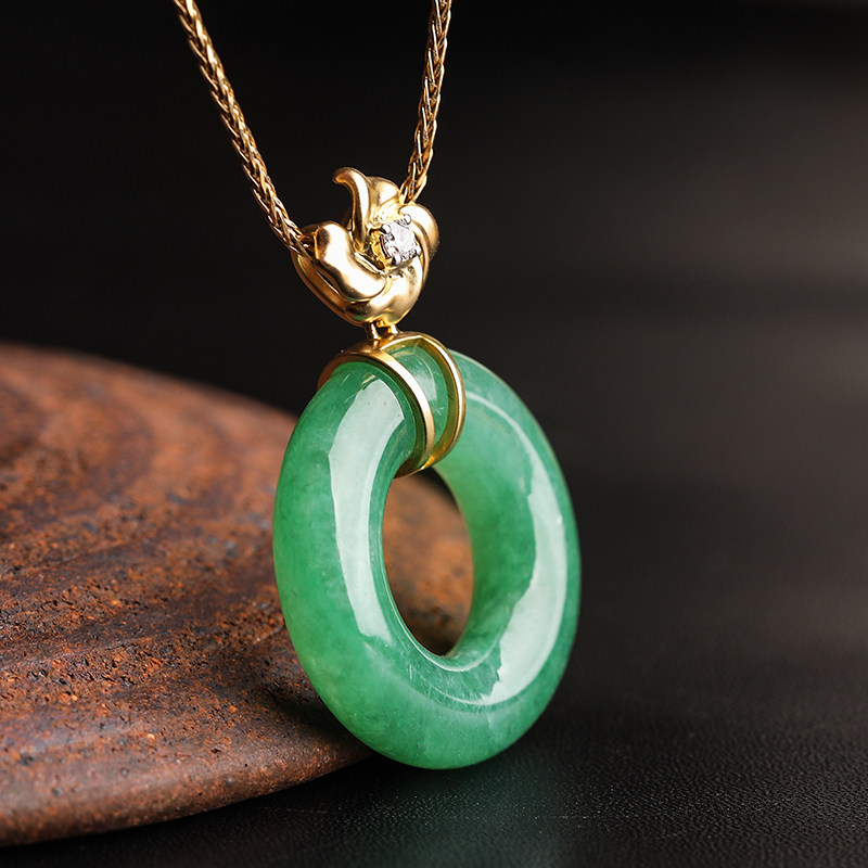 羊子珠宝 桐花入梦 水润甜甜圈满绿翡翠 18k黄镶嵌吊坠F