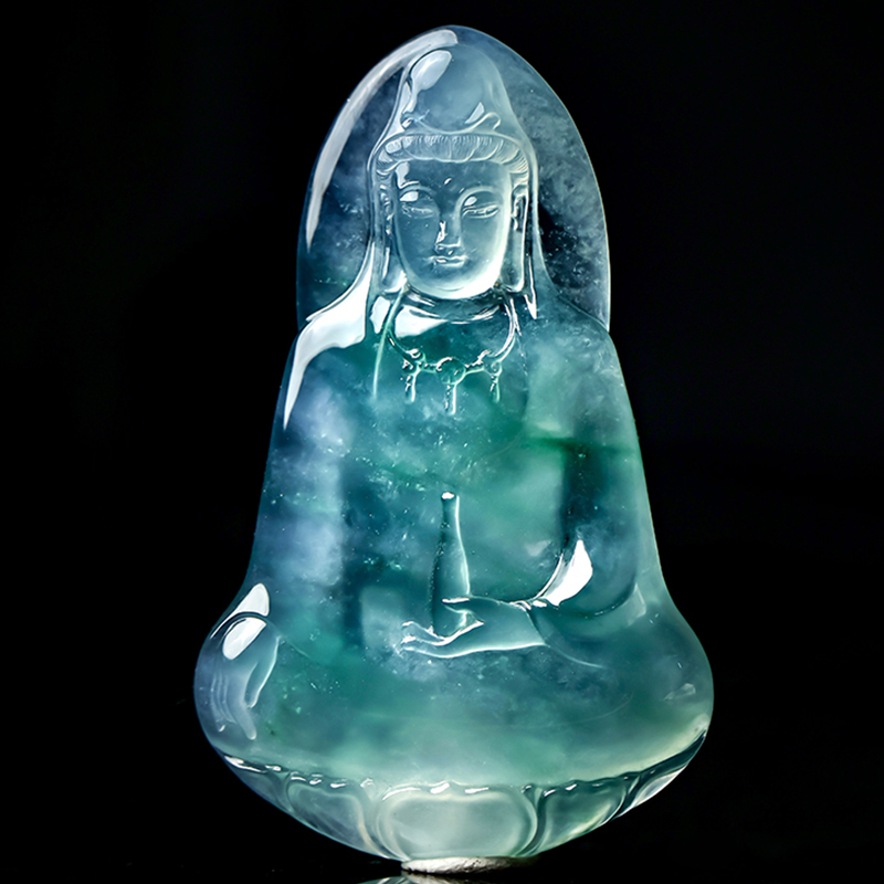 羊子珠宝  净境观自在   老坑高冰种飘绿花翡翠净瓶观音挂件11.19