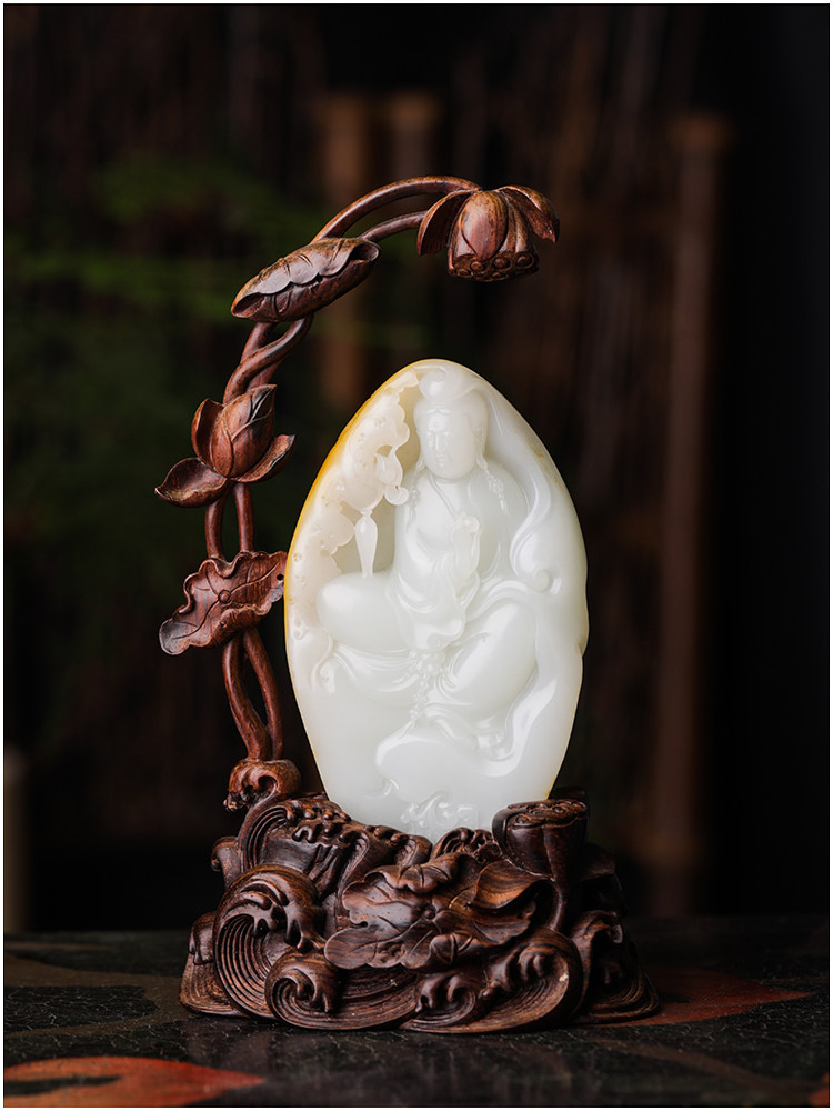 羊子珠宝 重发妙真  和田籽料洒金羊脂玉观音文玩摆件