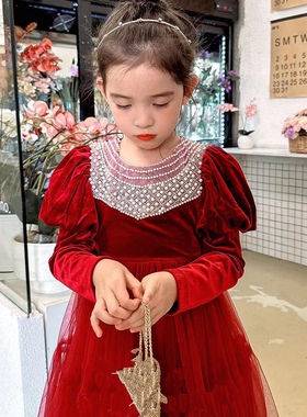 冬季女童新款红色金丝绒网纱拼接加绒高品质公主裙年服