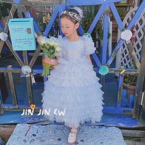 夏季女童新款蓝色轻奢JIN JIN CW艾沙公主重工艺法式高品质公主裙